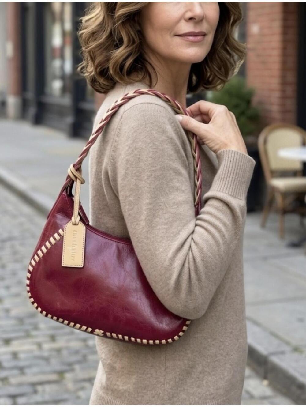 Kenneth Cole Vintage Burgundy Leather Handbag with Beige Braided Detailing